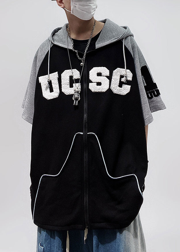 Plus Size Black Hooded Zippered Patchwork Cotton Men T Shirts Half Sleeve