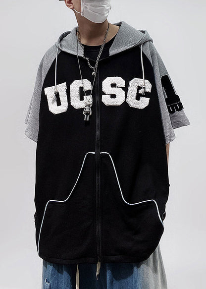 Plus Size Black Hooded Zippered Patchwork Cotton Men T Shirts Half Sleeve
