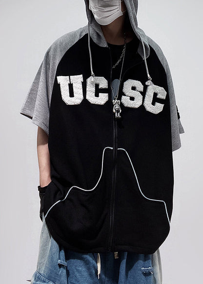 Plus Size Black Hooded Zippered Patchwork Cotton Men T Shirts Half Sleeve