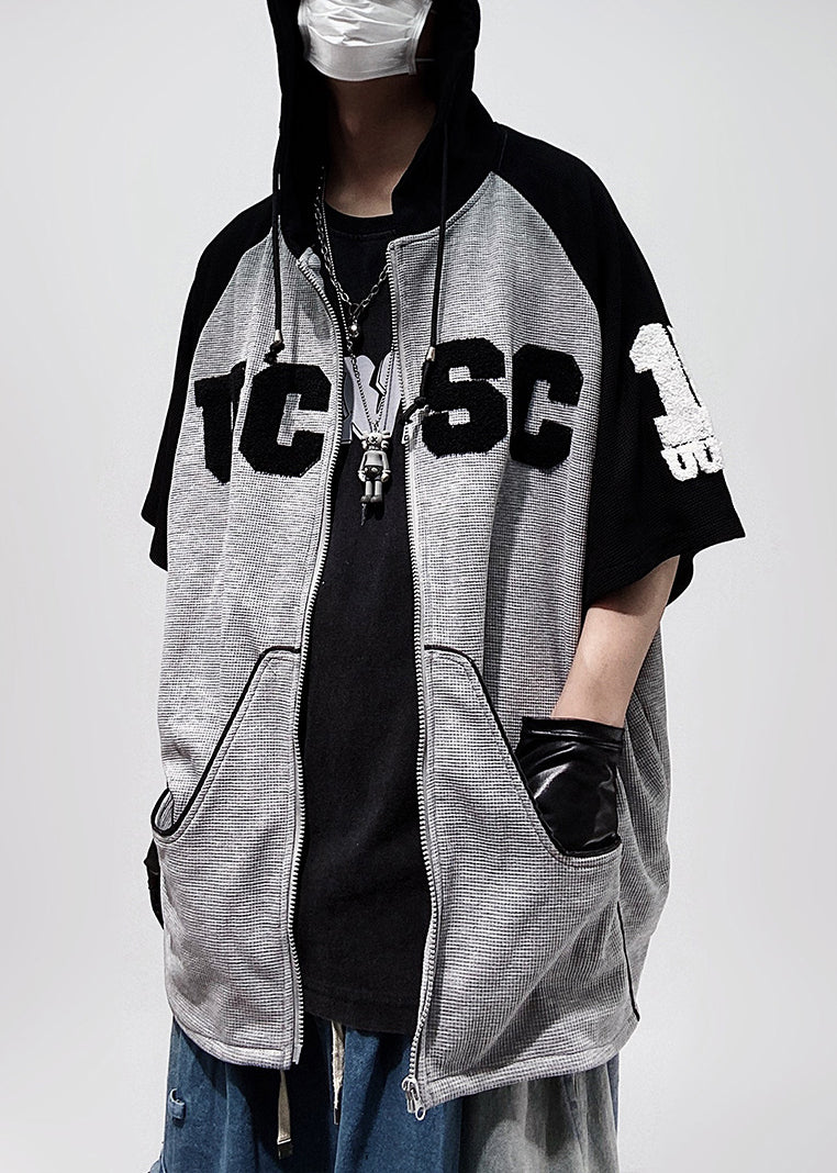 Plus Size Black Hooded Zippered Patchwork Cotton Men T Shirts Half Sleeve