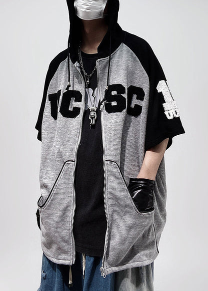 Plus Size Black Hooded Zippered Patchwork Cotton Men T Shirts Half Sleeve