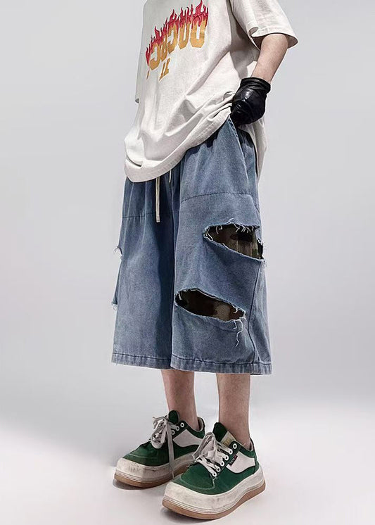 Plus Size Blue Hole Pockets Denim Men Shorts Summer