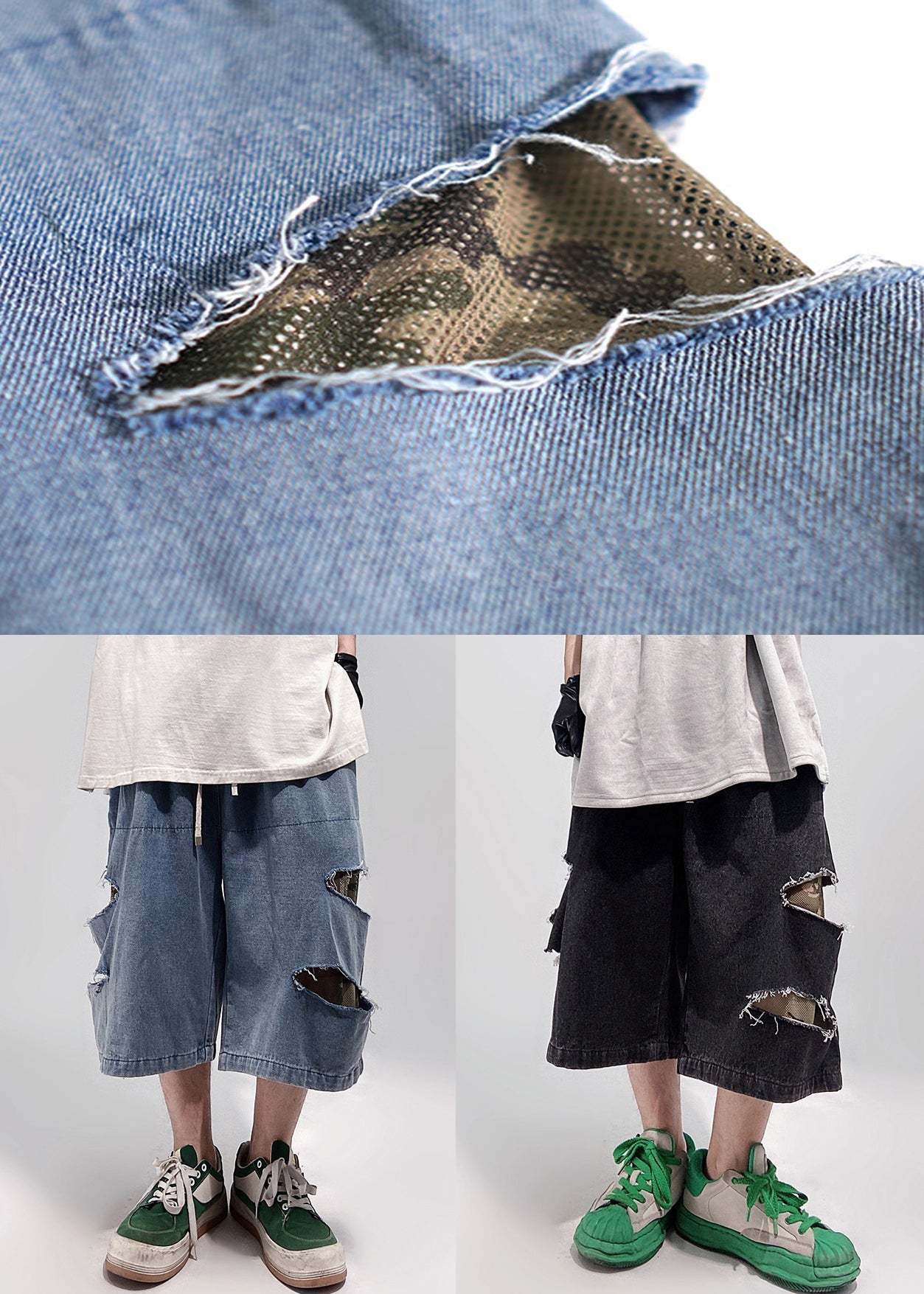 Plus Size Blue Hole Pockets Denim Men Shorts Summer