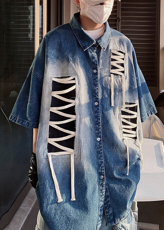 Plus Size Blue Original Design Patchwork Men Shirts Half Sleeve