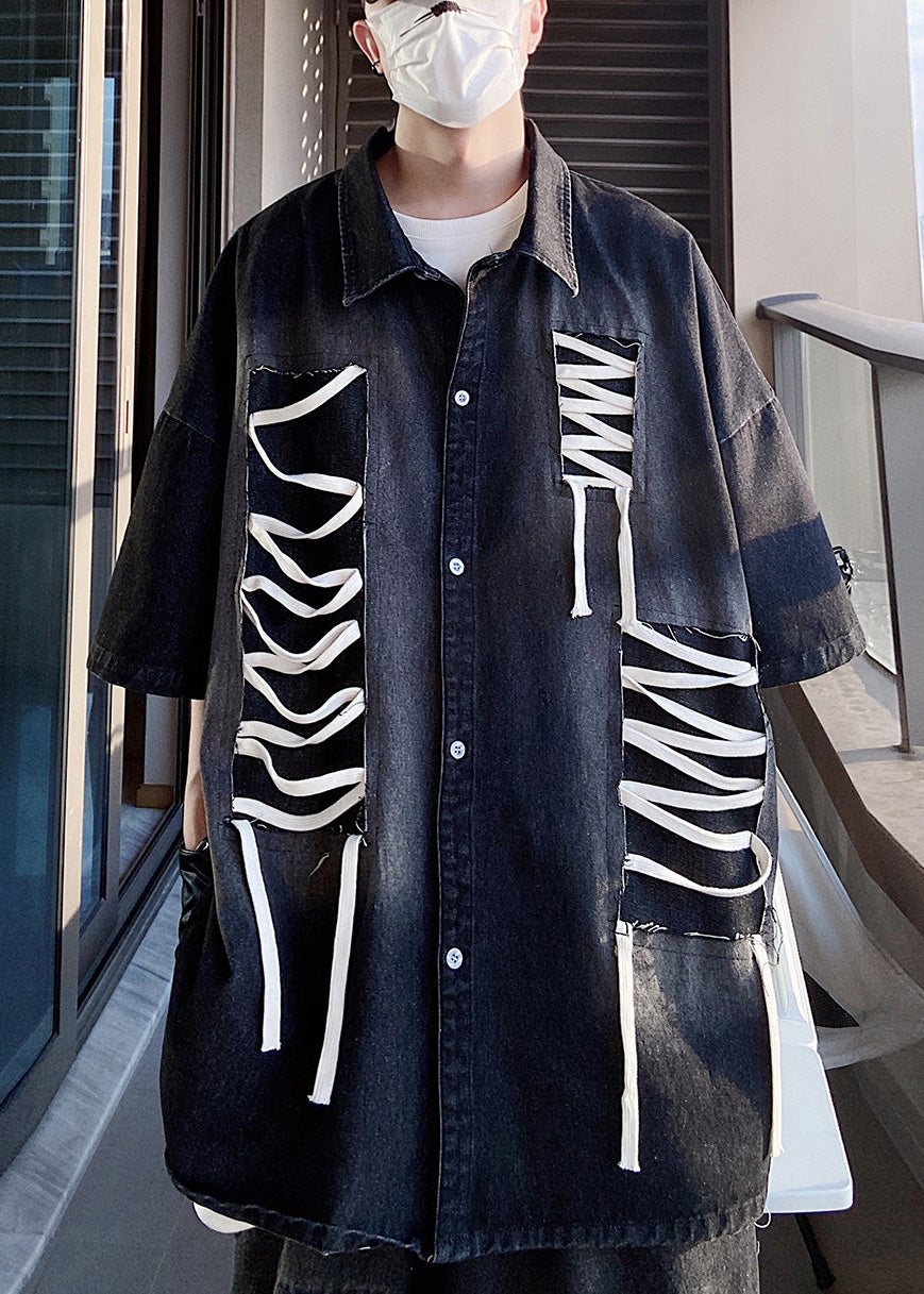 Plus Size Blue Original Design Patchwork Men Shirts Half Sleeve