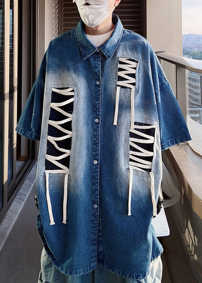 Plus Size Blue Original Design Patchwork Men Shirts Half Sleeve