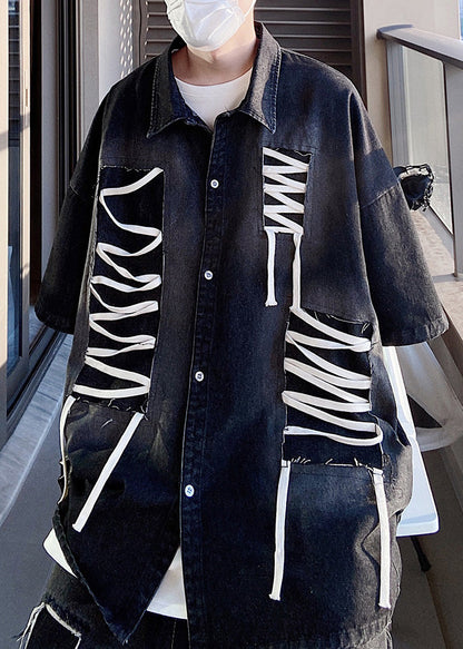 Plus Size Blue Original Design Patchwork Men Shirts Half Sleeve