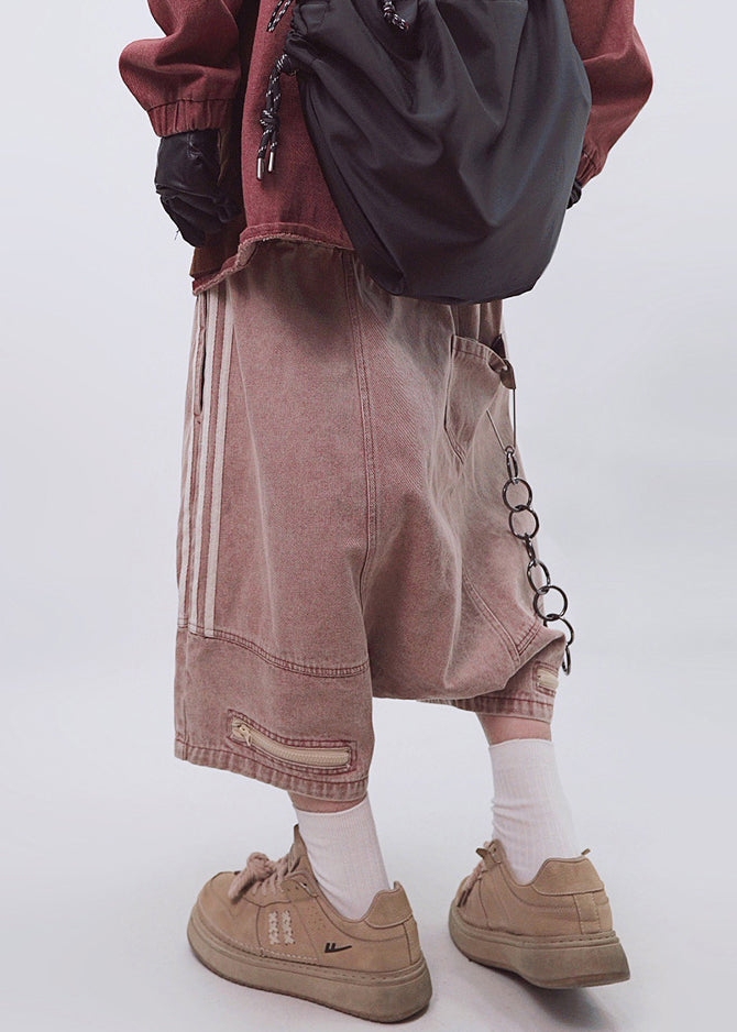 Plus Size Dark Gray Striped Zippered Elastic Waist Men Shorts Summer