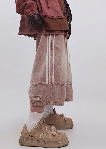 Plus Size Dark Gray Striped Zippered Elastic Waist Men Shorts Summer