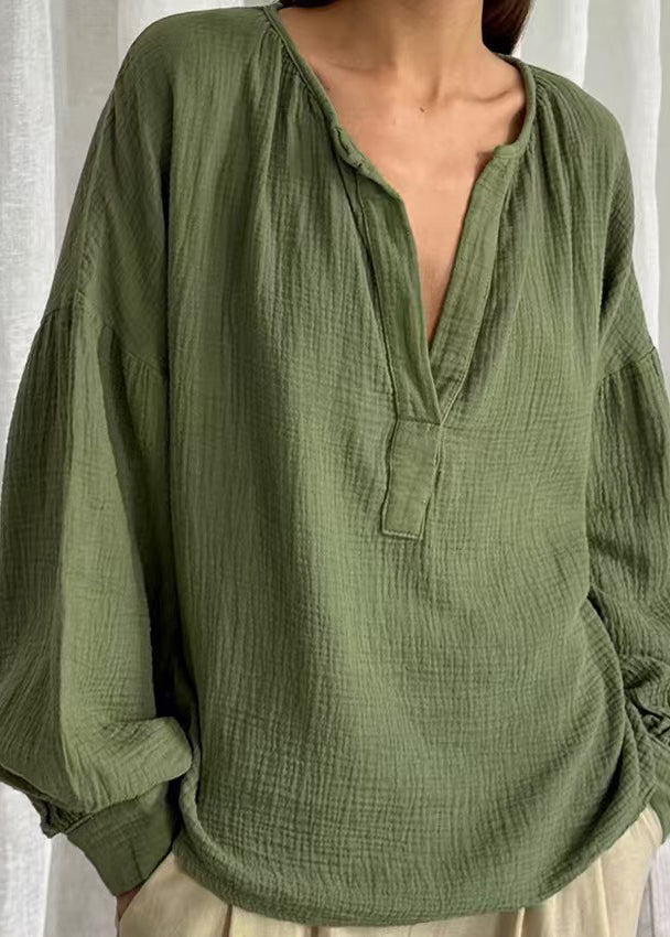 V Neck Patchwork Fall Tops Green Size Solid Plus