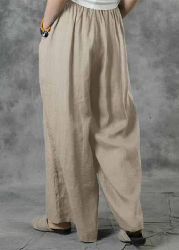 Plus Size Khaki Elastic Waist Pockets Wide Leg Pants Summer