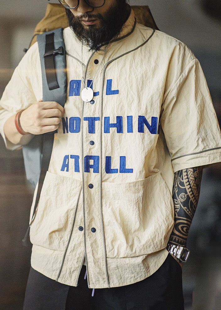 Plus Size Khaki Letter Button Pockets Cotton Men Shirts Half Sleeve