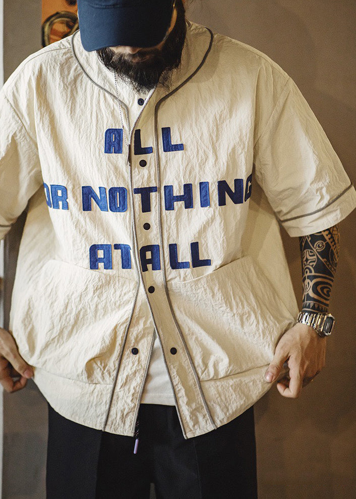 Plus Size Khaki Letter Button Pockets Cotton Men Shirts Half Sleeve