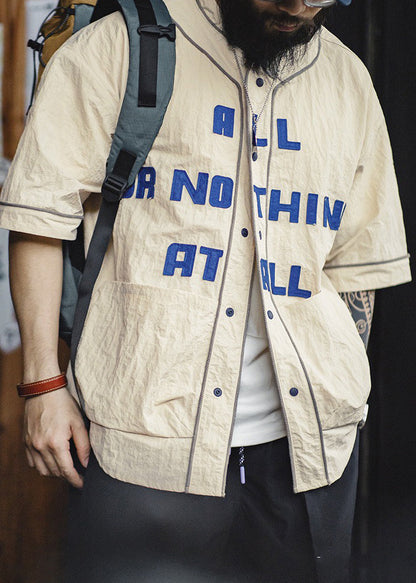 Plus Size Khaki Letter Button Pockets Cotton Men Shirts Half Sleeve