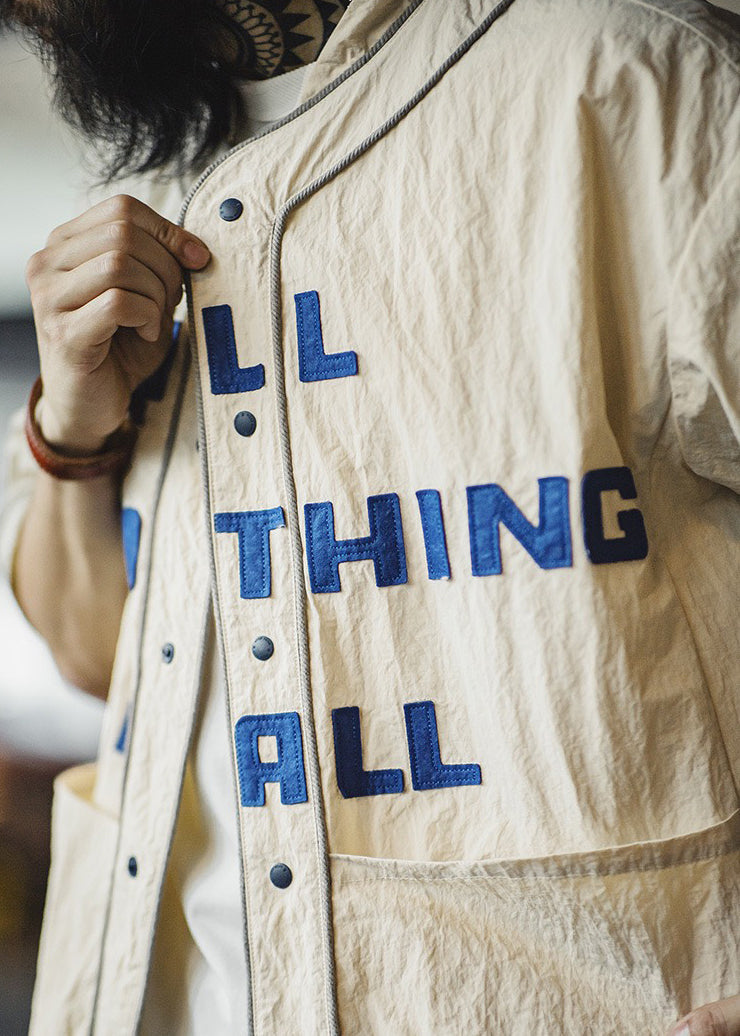 Plus Size Khaki Letter Button Pockets Cotton Men Shirts Half Sleeve