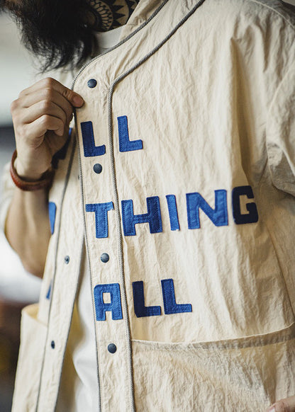 Plus Size Khaki Letter Button Pockets Cotton Men Shirts Half Sleeve