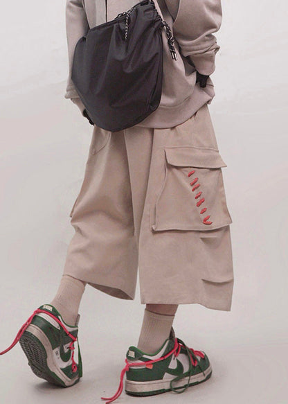 Plus Size Khaki Pockets Elastic Waist Cotton Men Crop Pants Summer