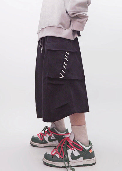 Plus Size Khaki Pockets Elastic Waist Cotton Men Crop Pants Summer