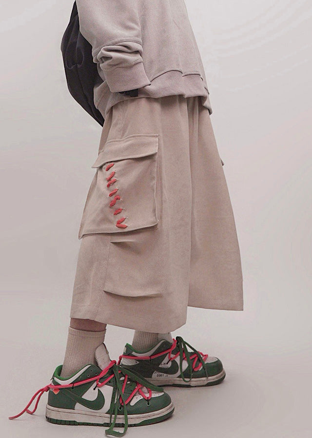 Plus Size Khaki Pockets Elastic Waist Cotton Men Crop Pants Summer