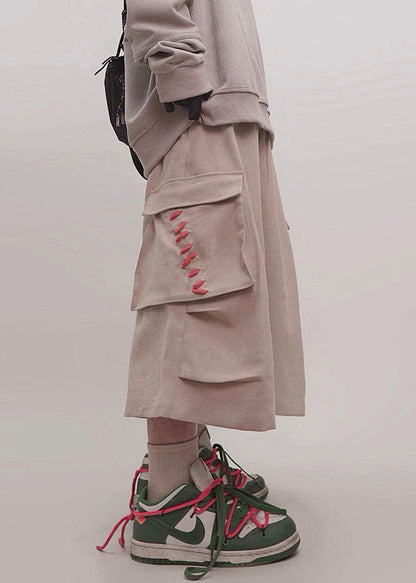 Plus Size Khaki Pockets Elastic Waist Cotton Men Crop Pants Summer