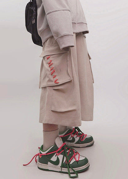 Plus Size Khaki Pockets Elastic Waist Cotton Men Crop Pants Summer