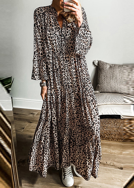 Plus Leopard Size V Dress Maxi Neck Patchwork Fall