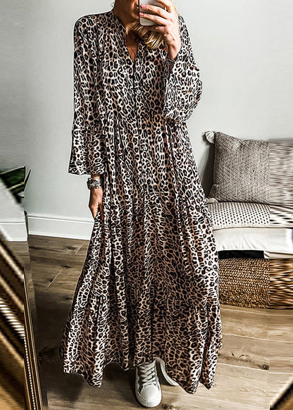 Plus Leopard Size V Dress Maxi Neck Patchwork Fall