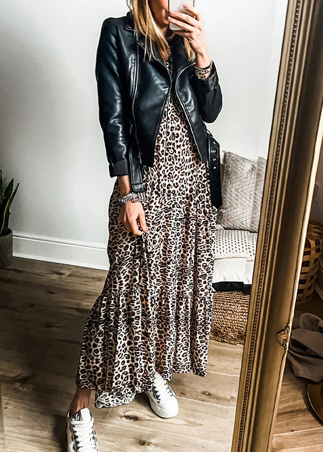 Plus Leopard Size V Dress Maxi Neck Patchwork Fall