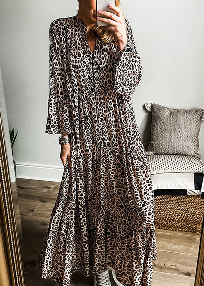 Plus Leopard Size V Dress Maxi Neck Patchwork Fall