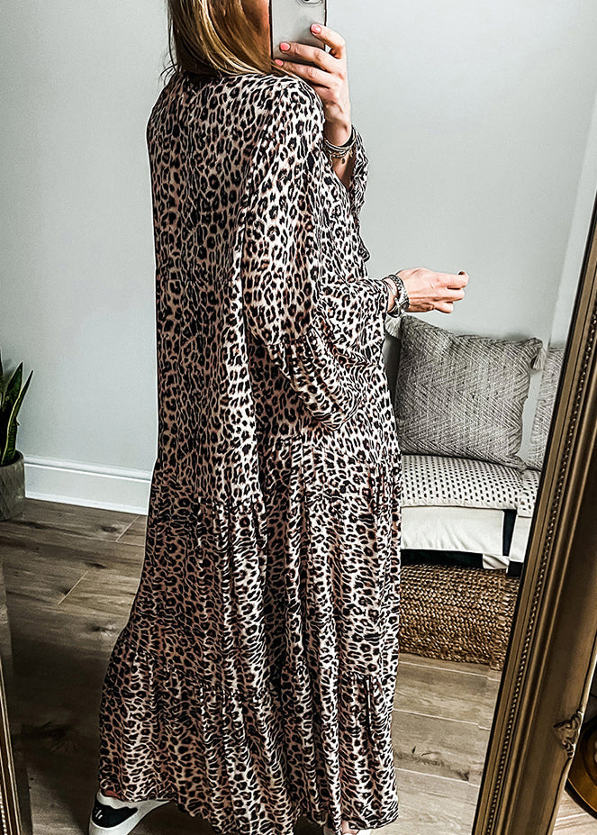 Plus Leopard Size V Dress Maxi Neck Patchwork Fall
