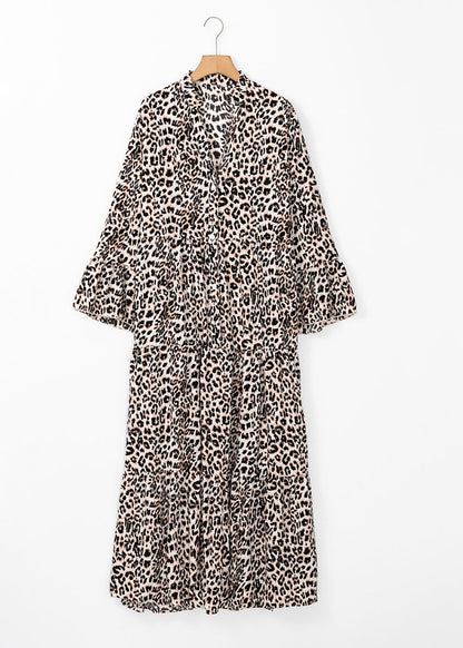 Plus Leopard Size V Dress Maxi Neck Patchwork Fall