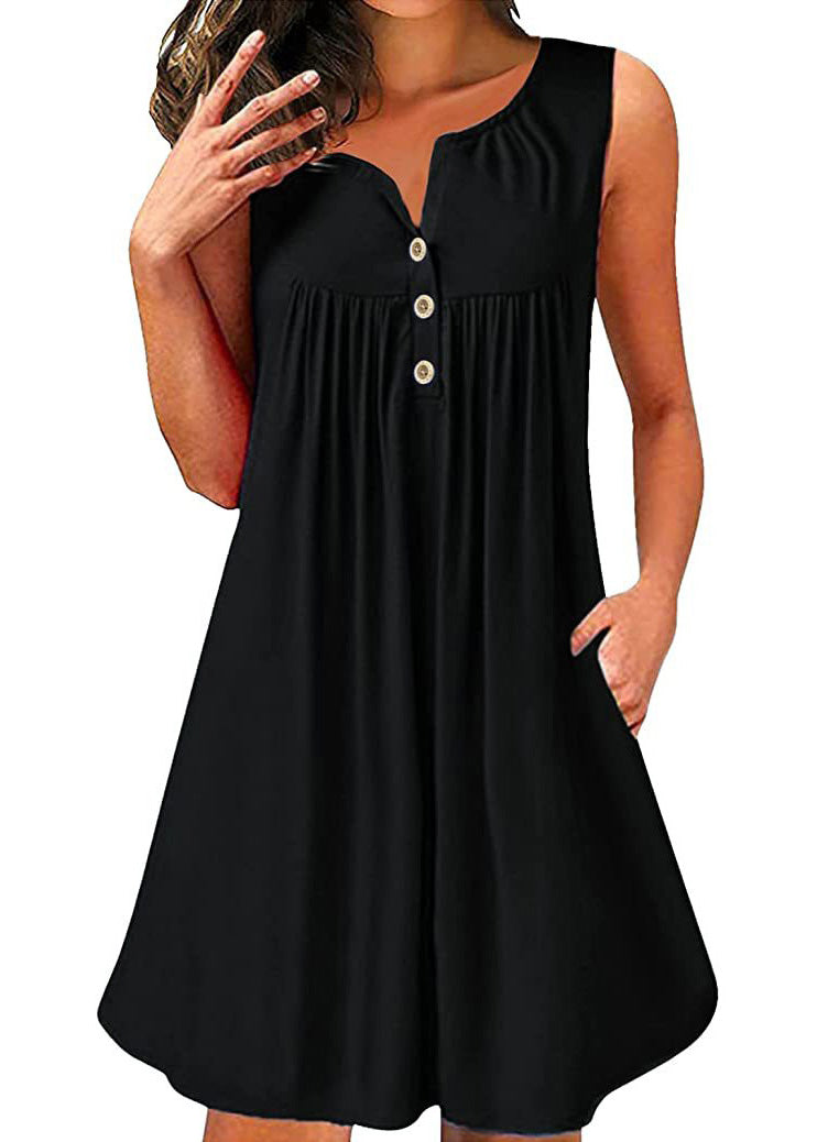 Plus Size Red V Neck Wrinkled Cotton Mid Dress Sleeveless