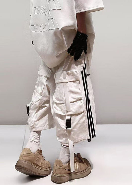 Plus Size White Striped Pockets Cotton Shorts Men Summer