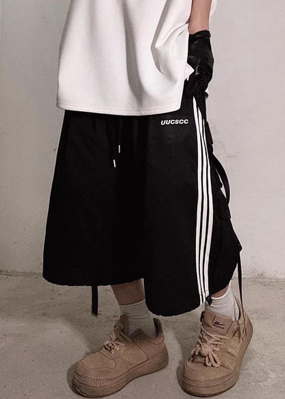 Plus Size White Striped Pockets Cotton Shorts Men Summer