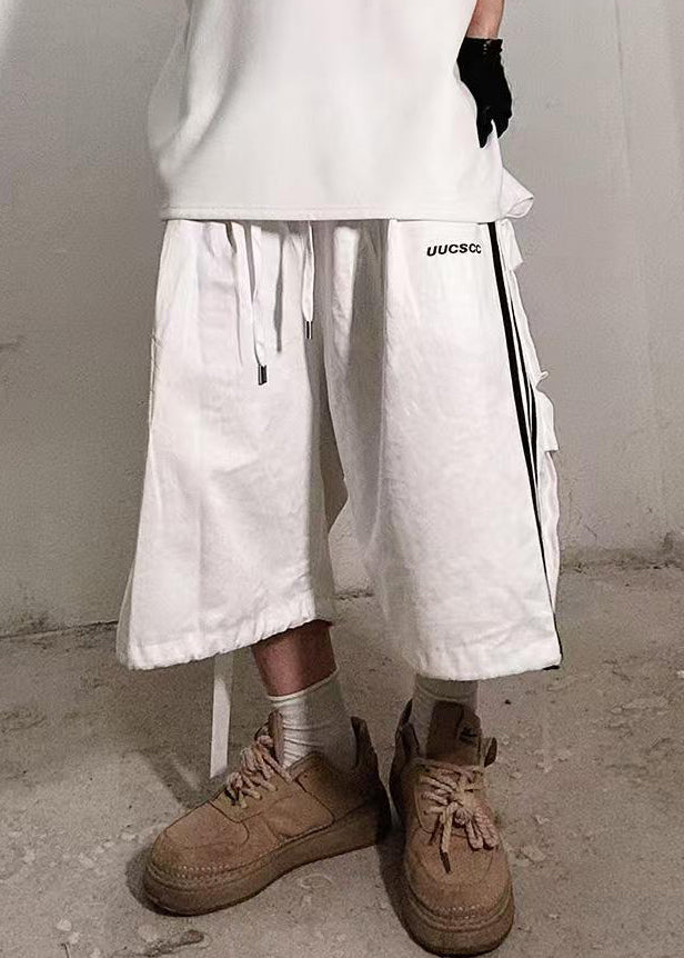 Plus Size White Striped Pockets Cotton Shorts Men Summer