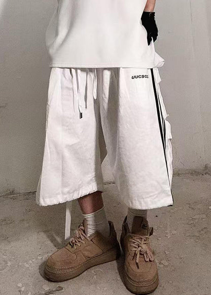 Plus Size White Striped Pockets Cotton Shorts Men Summer