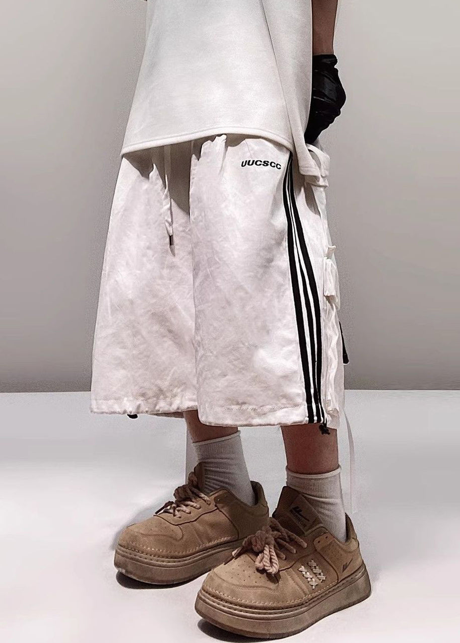 Plus Size White Striped Pockets Cotton Shorts Men Summer