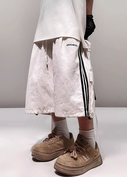 Plus Size White Striped Pockets Cotton Shorts Men Summer