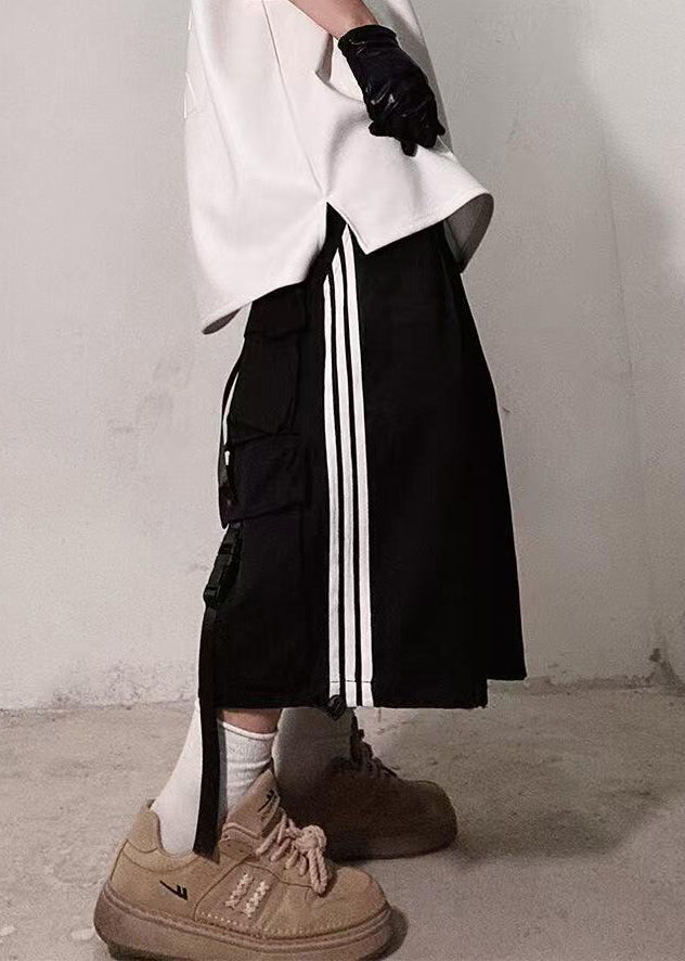 Plus Size White Striped Pockets Cotton Shorts Men Summer