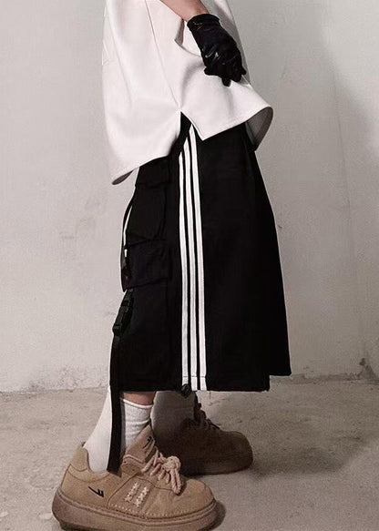 Plus Size White Striped Pockets Cotton Shorts Men Summer