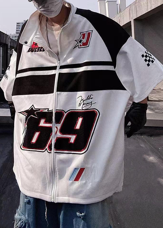 Plus Size White Zip Up Print Cotton Mens T Shirts Half Sleeve