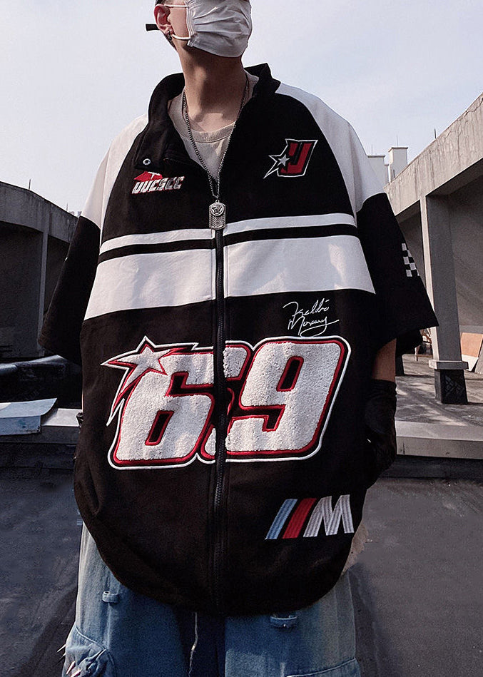 Plus Size White Zip Up Print Cotton Mens T Shirts Half Sleeve