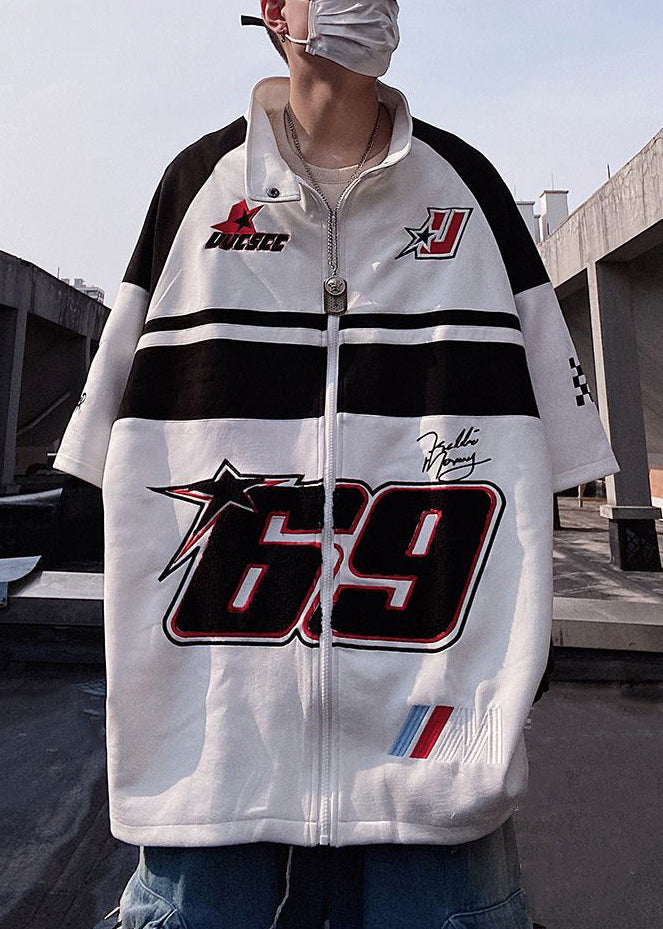 Plus Size White Zip Up Print Cotton Mens T Shirts Half Sleeve