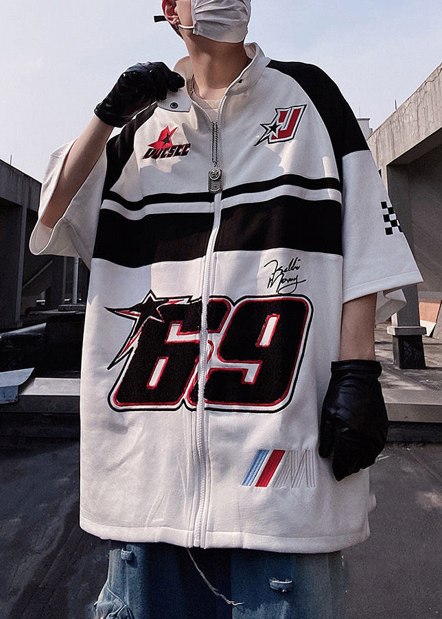 Plus Size White Zip Up Print Cotton Mens T Shirts Half Sleeve