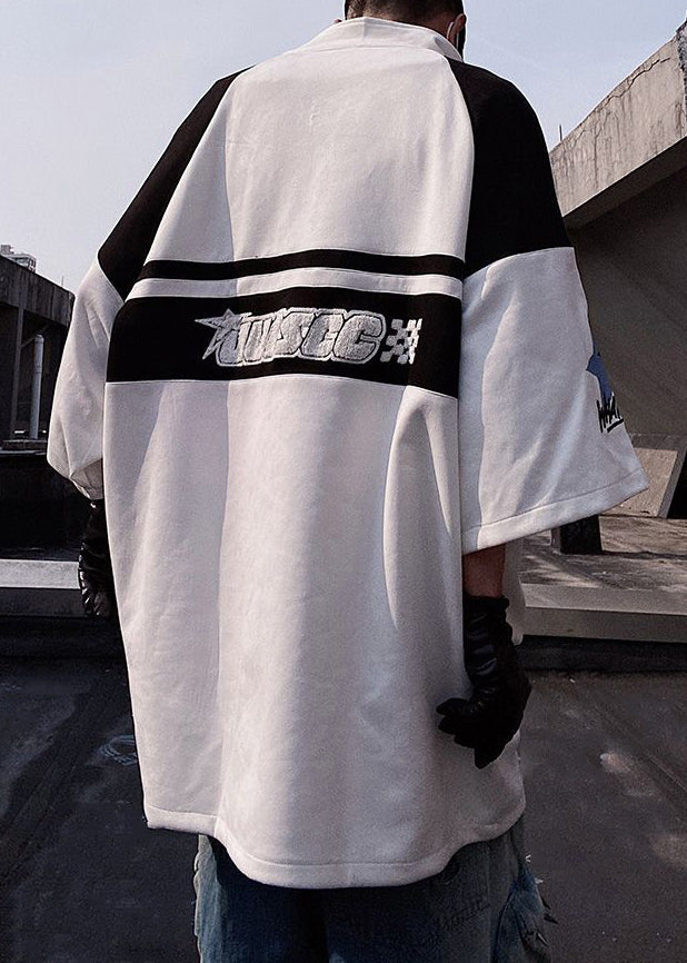 Plus Size White Zip Up Print Cotton Mens T Shirts Half Sleeve