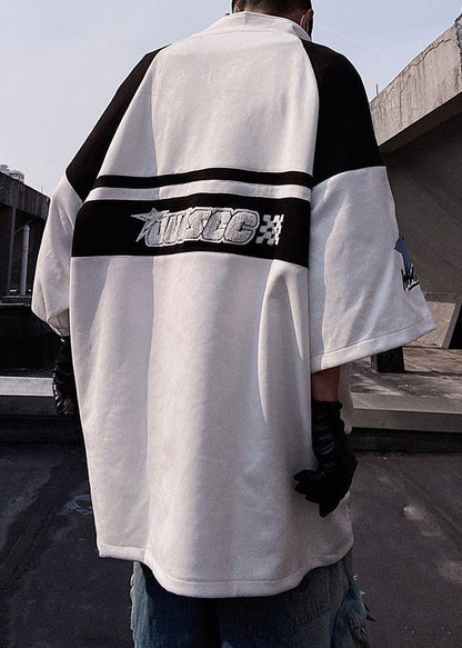 Plus Size White Zip Up Print Cotton Mens T Shirts Half Sleeve