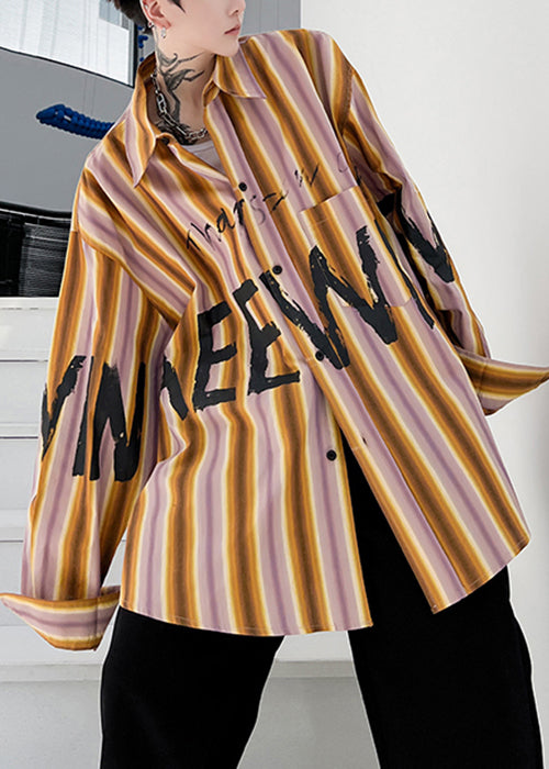 Plus Size Yellow Striped Letter Low High Design Cotton Men Shirt Spring