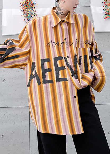 Plus Size Yellow Striped Letter Low High Design Cotton Men Shirt Spring