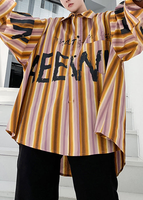 Plus Size Yellow Striped Letter Low High Design Cotton Men Shirt Spring