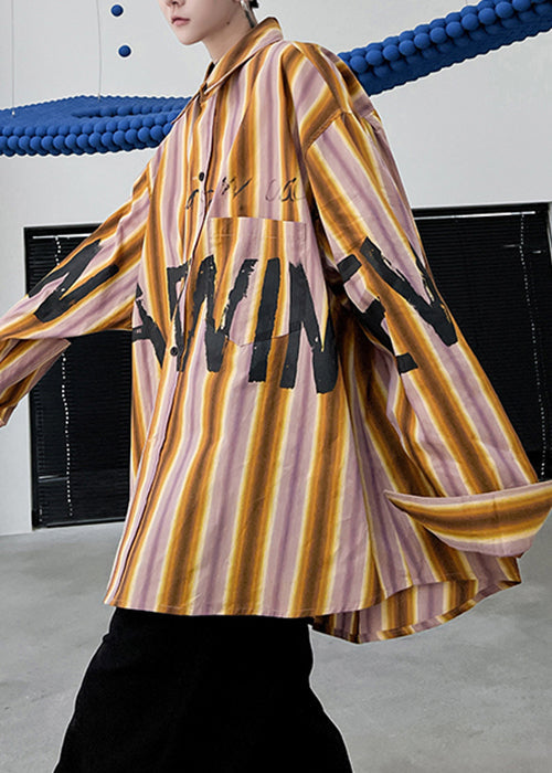 Plus Size Yellow Striped Letter Low High Design Cotton Men Shirt Spring